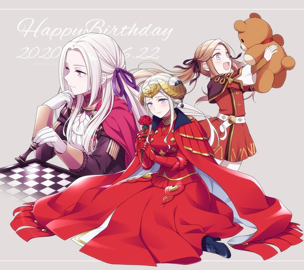 Anime picture 1550x1378 with fire emblem fire emblem: three houses nintendo edelgard von hresvelg rindou105 long hair blush short hair open mouth simple background smile standing sitting purple eyes twintails holding looking away white hair :d horn (horns)