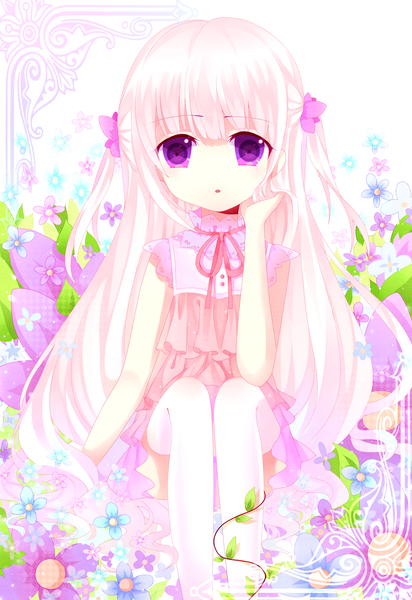 Anime picture 2031x2952 with original moseley single long hair tall image looking at viewer highres purple eyes white hair loli two side up girl thighhighs dress hair ornament flower (flowers) plant (plants) white thighhighs