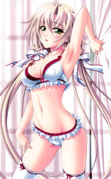 Anime picture 2582x4129 with memories off memories off 6 kagamigawa chloe matsuo yukihiro single tall image blush fringe highres breasts light erotic blonde hair standing white background twintails holding green eyes very long hair low twintails girl