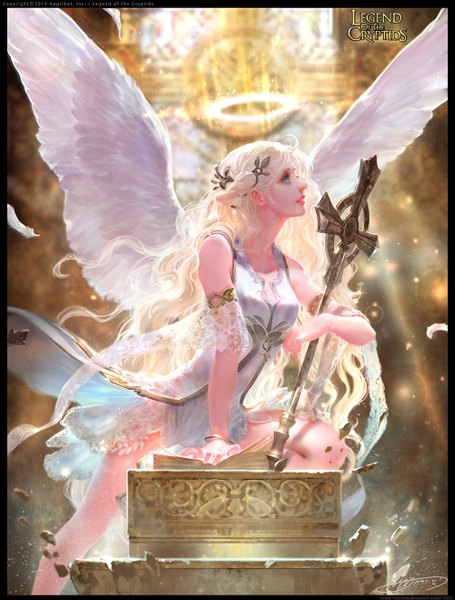 Anime-Bild 1000x1317 mit legend of the cryptids yu-han single long hair tall image blonde hair profile lips angel wings angel girl dress wings halo