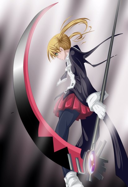 Anime picture 1377x2000 with soul eater studio bones maka albarn soul eater evans hollowcn single long hair tall image blonde hair twintails green eyes profile pleated skirt coloring girl gloves weapon necktie scythe