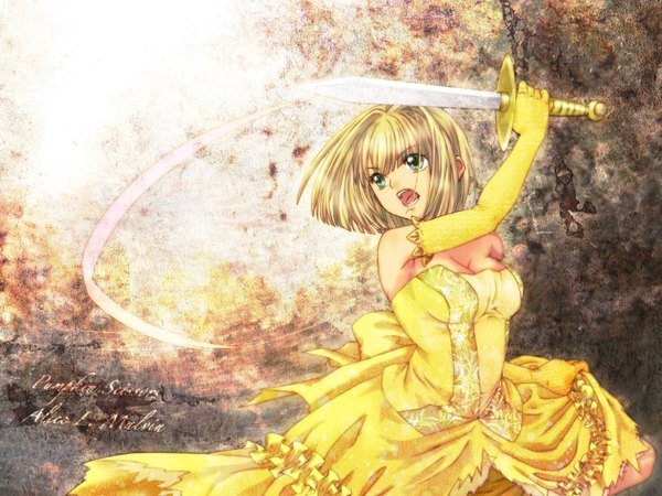 Anime picture 1600x1200 with pumpkin scissors alice l. malvin single short hair open mouth blonde hair green eyes girl dress gloves weapon sword elbow gloves