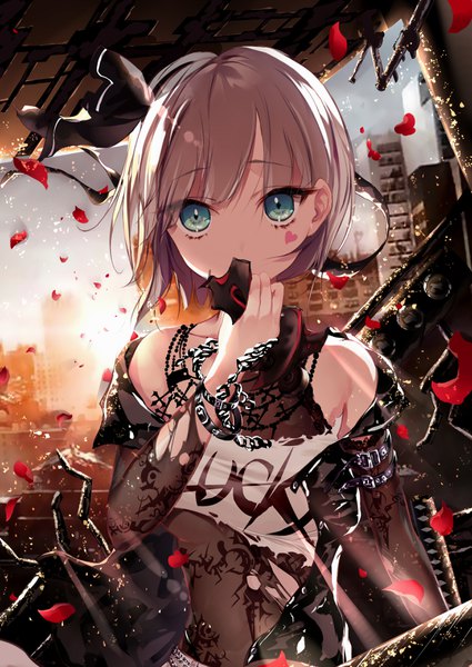 Anime picture 2479x3500 with touhou konpaku youmu eien no juu nana-sa single tall image looking at viewer fringe highres short hair bare shoulders holding silver hair upper body aqua eyes off shoulder torn clothes facial mark covered mouth clothes writing gothic