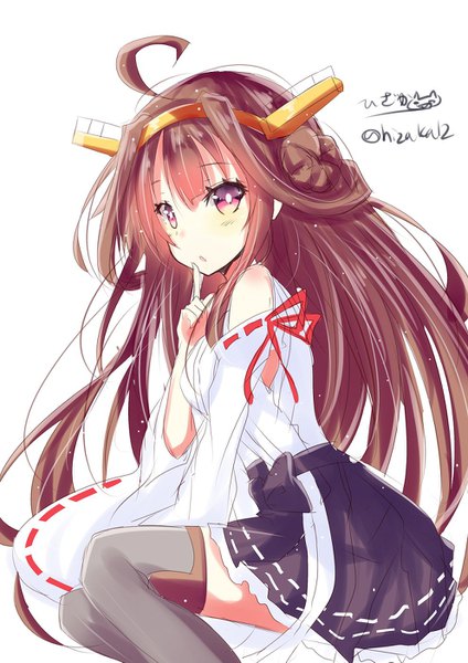 Anime picture 992x1403 with kantai collection kongou battleship hizaka single long hair tall image looking at viewer blush fringe simple background hair between eyes brown hair white background sitting brown eyes signed ahoge traditional clothes parted lips japanese clothes