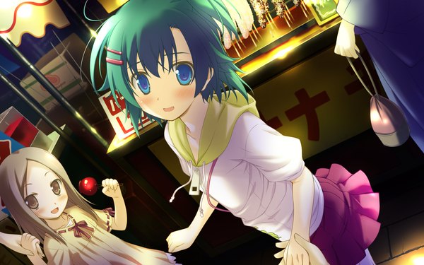 Anime picture 2048x1280 with irotoridori no sekai toumine tsukasa shida kazuhiro blush highres short hair blue eyes wide image game cg green hair girl skirt miniskirt