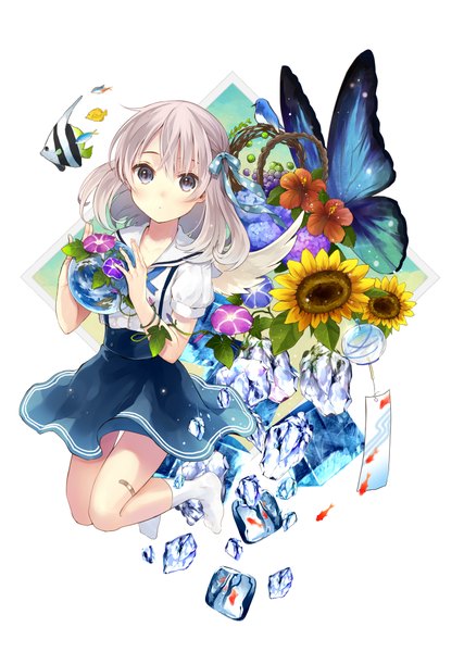 Anime picture 1500x2105 with original hanekoto single long hair tall image looking at viewer blush blue eyes simple background white background holding silver hair full body no shoes girl skirt uniform flower (flowers) ribbon (ribbons) hair ribbon