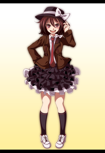Anime picture 1719x2500 with touhou usami renko s-syogo single tall image blush highres short hair open mouth smile brown hair brown eyes girl dress bow hat socks jacket black socks