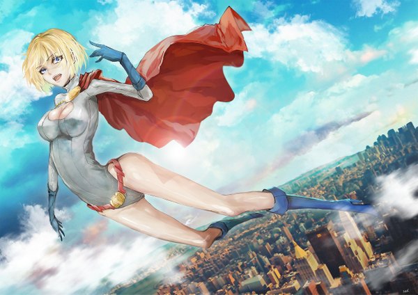 Anime picture 2480x1753 with dc comics power girl mek single looking at viewer fringe highres short hair breasts open mouth blue eyes light erotic blonde hair sky cloud (clouds) high heels legs city cityscape flying