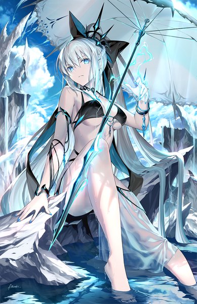 Anime picture 778x1200 with fate (series) fate/grand order morgan le fay (fate) kousaki rui single tall image looking at viewer fringe breasts blue eyes light erotic hair between eyes sitting signed sky silver hair cloud (clouds) bent knee (knees) ponytail very long hair