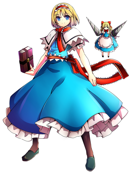 Anime picture 1394x1852 with touhou alice margatroid shanghai baba (baba seimaijo) single tall image looking at viewer short hair blue eyes blonde hair smile holding full body transparent background frilled dress dual wielding girl dress bow weapon