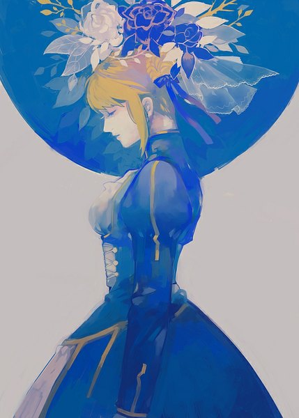 Anime picture 590x824 with fate (series) fate/stay night type-moon artoria pendragon (all) saber kinchan11r single tall image short hair simple background blonde hair eyes closed head tilt profile hair flower grey background girl dress hair ornament flower (flowers)