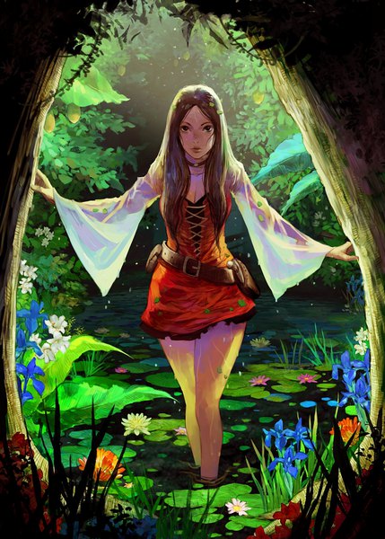 Anime picture 650x910 with original tahra single long hair tall image looking at viewer brown hair standing cleavage outdoors black eyes wide sleeves wet partially submerged lacing nature girl dress flower (flowers) plant (plants)