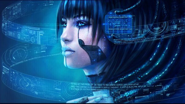 Anime picture 1920x1080 with magicnaanavi single highres short hair blue eyes wide image blue hair nail polish lips close-up face face paint science fiction girl wire (wires)