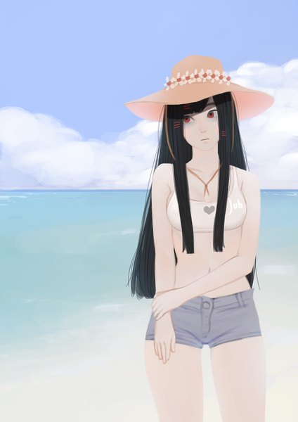 Anime picture 2480x3508 with original alyssa (jubi) jubi (regiana) single long hair tall image looking at viewer highres breasts black hair red eyes signed payot sky cloud (clouds) expressionless holding arm girl hat shorts