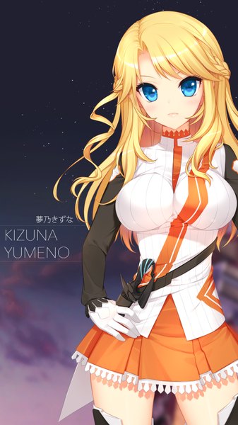 Anime picture 1080x1920 with culture japan mirai millenium yumeno kizuna single long hair tall image looking at viewer blush breasts blue eyes blonde hair large breasts night night sky girl thighhighs skirt gloves black thighhighs white gloves