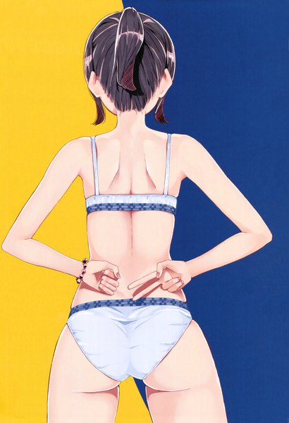 Anime picture 1500x2191 with harukana receive higa kanata nyoijizai single tall image short hair light erotic black hair simple background bare shoulders payot ass from behind scan official art back hands behind back girl swimsuit bracelet