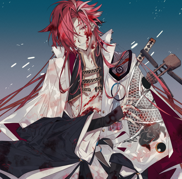 Anime picture 2439x2402 with fate (series) fate/grand order takasugi shinsaku (fate) sukaha (pixiv6351707) single long hair looking at viewer fringe highres red eyes red hair hair over one eye blood on face bloody clothes bleeding boy blood