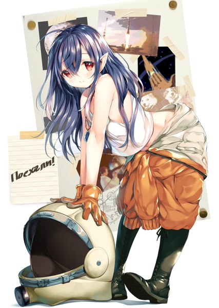 Anime picture 855x1200 with tsuki to layka to nosferatu irina luminesk shimesaba kohada single long hair tall image looking at viewer blush fringe hair between eyes red eyes blue hair full body ahoge pointy ears leaning leaning forward text russian helmet removed