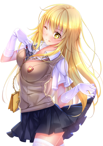 Anime picture 1018x1440 with to aru kagaku no railgun to aru majutsu no index j.c. staff shokuhou misaki swordsouls single long hair tall image blush simple background blonde hair white background yellow eyes one eye closed wink + + girl thighhighs skirt gloves