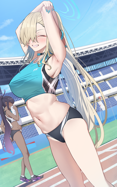 Anime picture 2508x4000 with blue archive asuna (blue archive) karin (blue archive) ramanda long hair tall image blush fringe highres breasts light erotic black hair blonde hair smile large breasts standing multiple girls yellow eyes sky cloud (clouds)