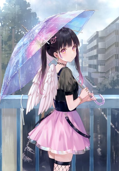 Anime picture 2090x2998 with original fukahire (ruinon) single long hair tall image looking at viewer blush fringe highres black hair standing twintails holding payot outdoors blunt bangs nail polish pink eyes multicolored hair fingernails
