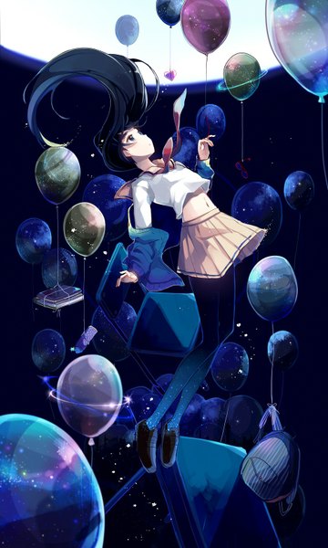 Anime picture 1000x1666 with original nou single long hair tall image fringe blue eyes black hair pleated skirt open clothes open jacket bare belly looking up falling girl skirt uniform school uniform glasses jacket