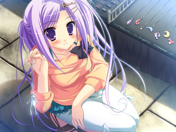 Anime picture 1200x900 with prismrhythm (game) tokitou kasumi single long hair looking at viewer blush smile purple eyes game cg purple hair girl hair ornament bobby pin