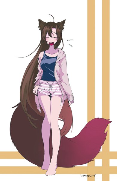 Anime picture 940x1440 with touhou imaizumi kagerou namauni single long hair tall image blush fringe breasts open mouth brown hair signed animal ears ahoge tail eyes closed animal tail barefoot open clothes open jacket