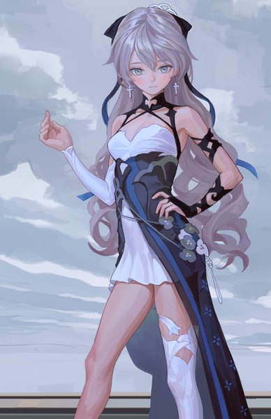 Anime picture 1000x1548 with honkai (series) bronya zaychik fkey single long hair tall image looking at viewer blush fringe hair between eyes standing payot sky silver hair cloud (clouds) outdoors arm up hand on hip silver eyes girl