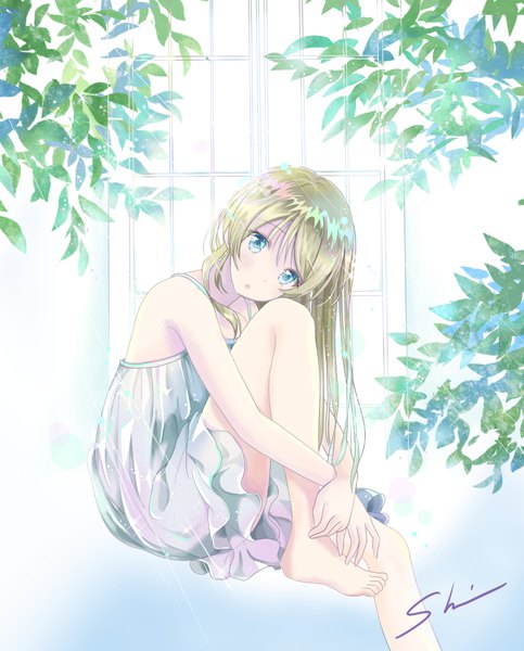 Anime picture 764x948 with love live! school idol project sunrise (studio) love live! ayase eli shino (shinderera) single long hair tall image looking at viewer blue eyes blonde hair sitting bare shoulders signed head tilt barefoot leg hug girl plant (plants)