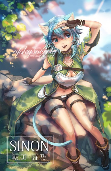 Anime picture 522x800 with sword art online a-1 pictures asada shino ofskysociety single tall image blush short hair breasts blue eyes smile large breasts sitting signed animal ears blue hair bent knee (knees) tail animal tail cat ears