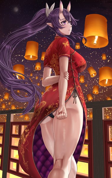 Anime picture 898x1419 with original silvertsuki single long hair tall image fringe breasts light erotic hair between eyes large breasts standing purple eyes signed payot looking away purple hair outdoors ass ponytail nail polish