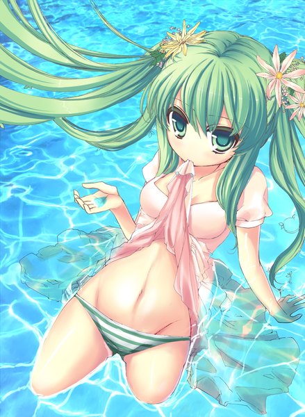 Anime picture 1656x2265 with vocaloid hatsune miku giuniu hxhrise (artist) single long hair tall image light erotic twintails green eyes green hair mouth hold girl underwear panties water sundress