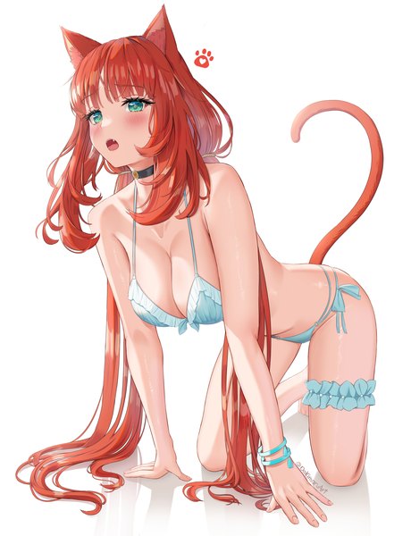 Anime picture 3461x4519 with genshin impact nilou (genshin impact) dokimaru single long hair tall image blush fringe highres breasts light erotic simple background large breasts white background twintails signed animal ears looking away absurdres cleavage