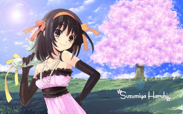 Anime picture 1920x1200 with suzumiya haruhi no yuutsu kyoto animation suzumiya haruhi itou noiji looking at viewer highres short hair smile wide image yellow eyes inscription wallpaper cherry blossoms landscape scenic girl dress flower (flowers) ribbon (ribbons) plant (plants)