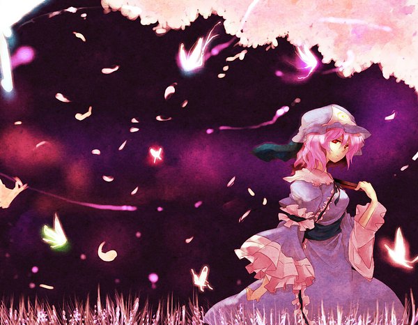 Anime picture 1100x856 with touhou saigyouji yuyuko uru uzuki single fringe short hair hair between eyes red eyes pink hair cherry blossoms girl hat petals insect butterfly bonnet