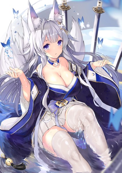 Anime picture 1699x2400 with azur lane shinano (azur lane) ochinsama single long hair tall image looking at viewer blush fringe breasts open mouth blue eyes light erotic large breasts sitting bare shoulders animal ears cleavage silver hair ahoge