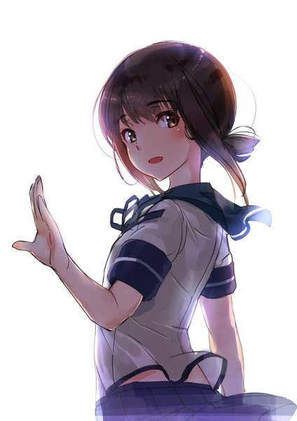 Anime picture 723x1024 with kantai collection fubuki destroyer akasaai single tall image blush fringe short hair simple background brown hair white background brown eyes payot looking away ponytail looking back wind eyebrows girl uniform
