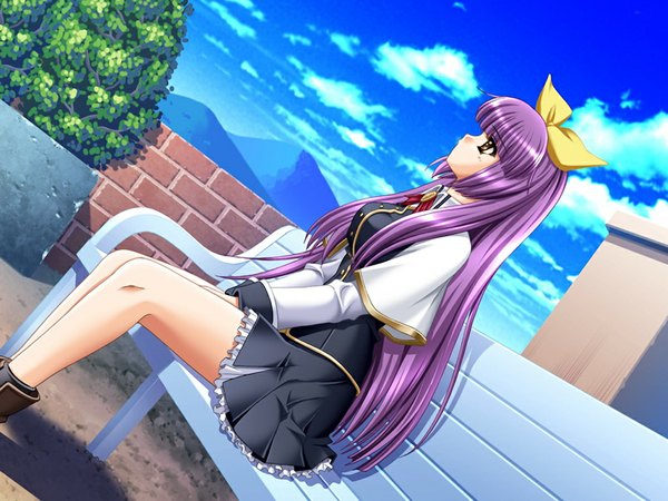 Anime picture 1024x768 with puri saga! elsa valkenbauer ryuuga shou single long hair sitting yellow eyes game cg purple hair girl