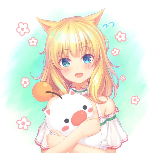 Anime picture 1899x1887 with final fantasy final fantasy xiv square enix miqo'te moogle tiphereth single long hair looking at viewer blush fringe highres open mouth blue eyes simple background blonde hair bare shoulders holding animal ears payot