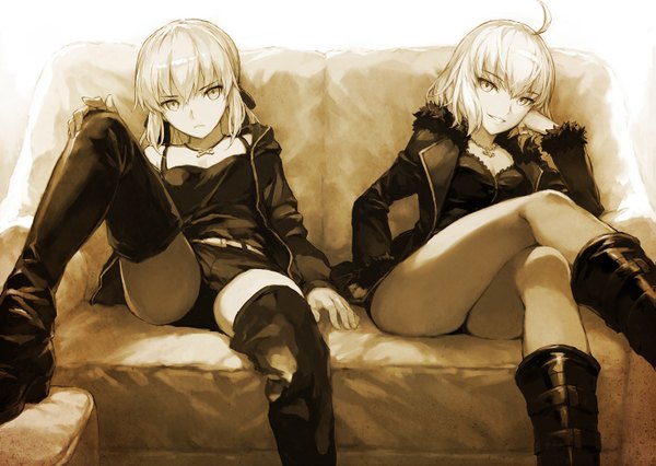 Anime picture 1431x1018 with fate (series) fate/grand order artoria pendragon (all) jeanne d'arc (fate) (all) jeanne d'arc alter (fate) saber alter morisawa haruyuki looking at viewer fringe short hair light erotic smile hair between eyes sitting bare shoulders multiple girls cleavage ahoge bent knee (knees) parted lips