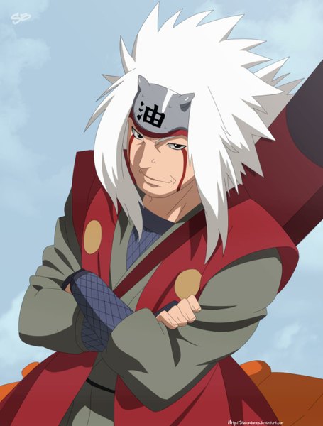Anime picture 1300x1712 with naruto studio pierrot naruto (series) jiraiya ryuji-16 single long hair tall image smile sky cloud (clouds) white hair japanese clothes black eyes coloring crossed arms face paint boy kimono