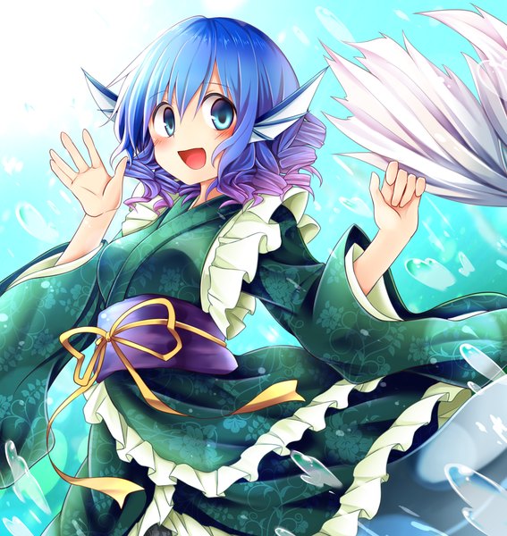 Anime picture 1701x1800 with touhou wakasagihime chikuwa savi single tall image blush fringe highres short hair open mouth blue eyes smile hair between eyes payot blue hair tail traditional clothes japanese clothes wide sleeves floral print