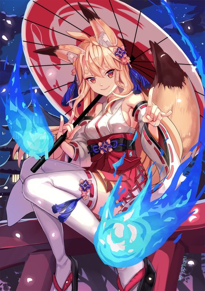 Anime picture 800x1131 with original duzie e single long hair tall image looking at viewer fringe blonde hair hair between eyes sitting holding signed animal ears ahoge bent knee (knees) tail traditional clothes japanese clothes animal tail pleated skirt