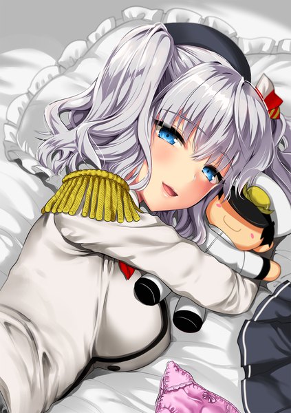 Anime picture 1600x2270 with kantai collection kashima training cruiser admiral (kantai collection) kojima saya single tall image looking at viewer blush fringe short hair breasts open mouth blue eyes smile hair between eyes large breasts twintails payot silver hair upper body