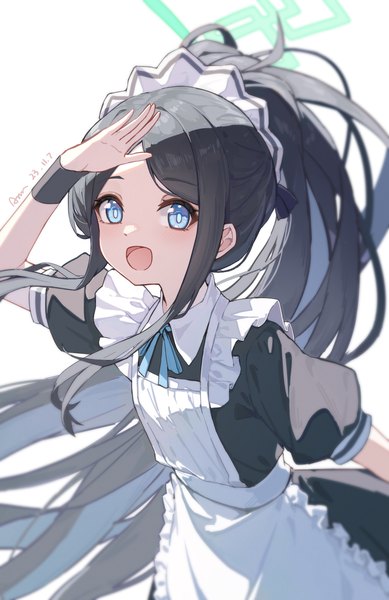 Anime picture 3274x5052 with blue archive aris (blue archive) aris (maid) (blue archive) chiyo akira single tall image highres open mouth blue eyes black hair simple background white background absurdres ponytail very long hair :d maid puffy sleeves official alternate costume dated