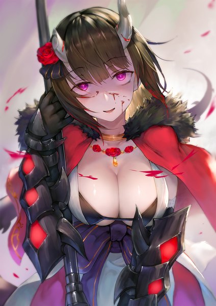 Anime picture 1240x1754 with princess connect! kuraishi eriko waymay single tall image looking at viewer fringe short hair breasts open mouth light erotic brown hair large breasts purple eyes holding arm up hair flower horn (horns) wind fur trim