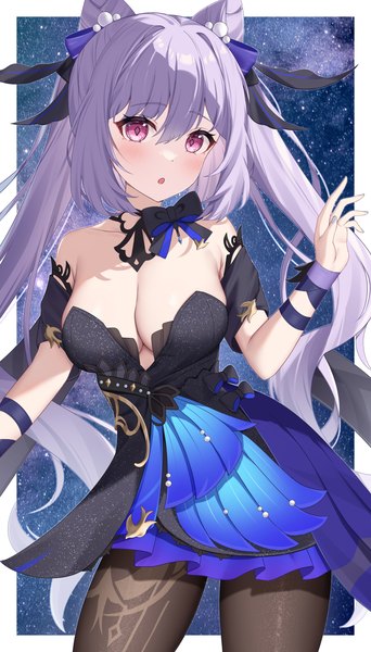 Anime picture 1095x1920 with genshin impact keqing (genshin impact) keqing (opulent splendor) (genshin impact) nyuu (pixiv12143565) single long hair tall image looking at viewer blush fringe breasts open mouth light erotic hair between eyes large breasts standing purple eyes twintails bare shoulders payot