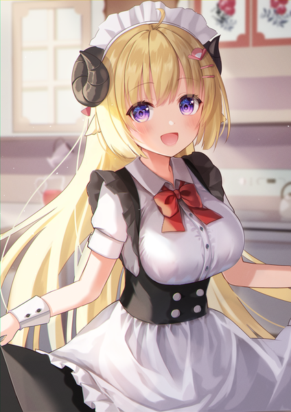 Anime picture 2894x4093 with virtual youtuber hololive tsunomaki watame fuyoyo single long hair tall image looking at viewer blush fringe highres open mouth blonde hair purple eyes ahoge blunt bangs :d horn (horns) maid underbust