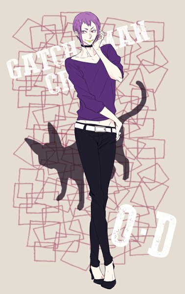 Anime picture 602x956 with gatchaman crowds tatsunoko o.d. kiwwa9 single tall image short hair smile purple eyes looking away purple hair grey background high heels copyright name character names hand on hip lipstick crossed legs androgynous yellow lipstick